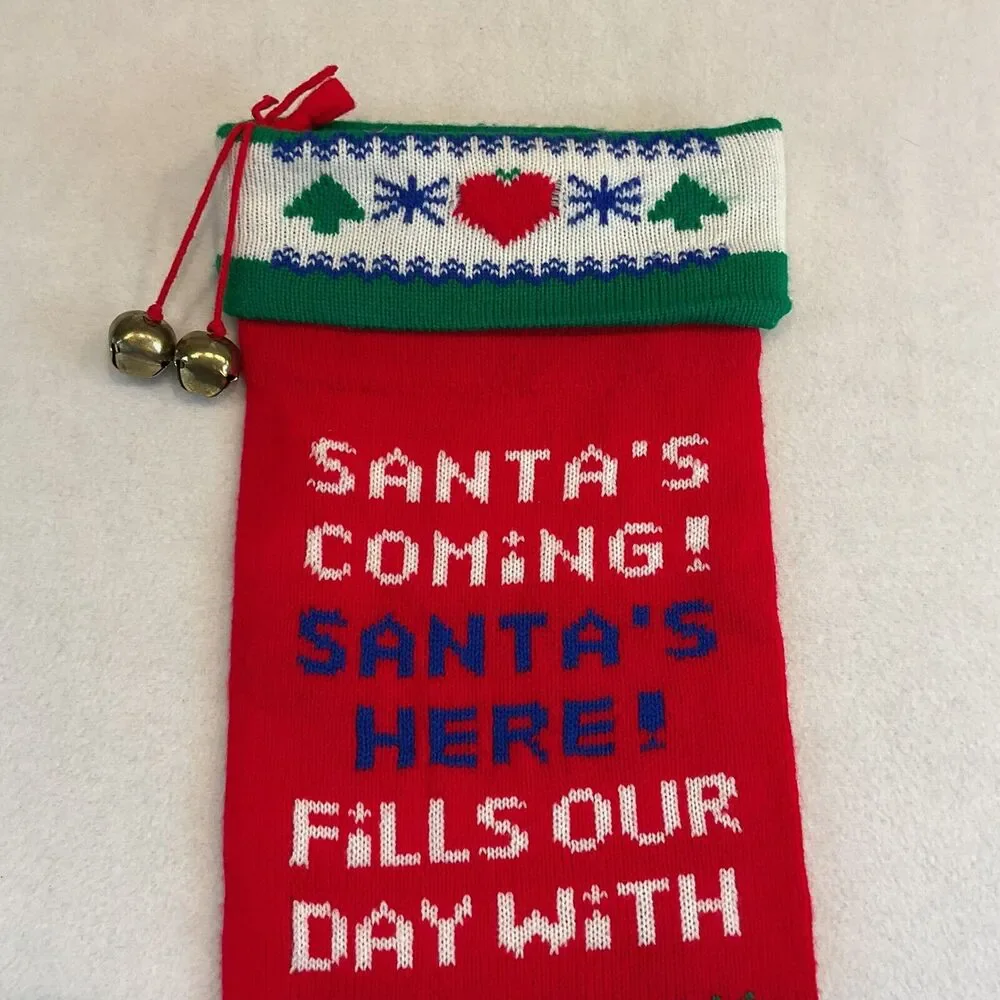 Kurt Adler Christmas Stocking Santa’s Coming Knitted Knit Oversized Taiwan Bells